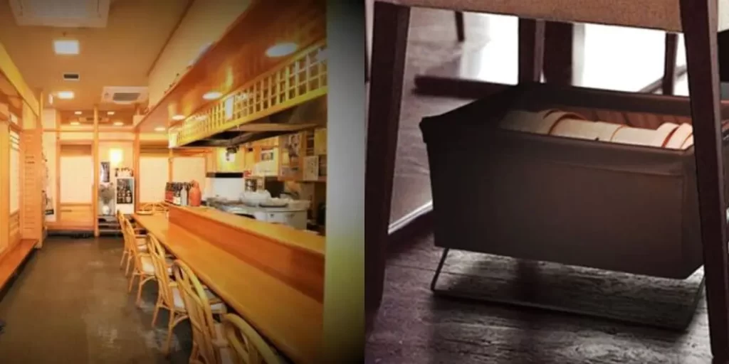 Clean and tidy restaurant table with bag basket in Japan