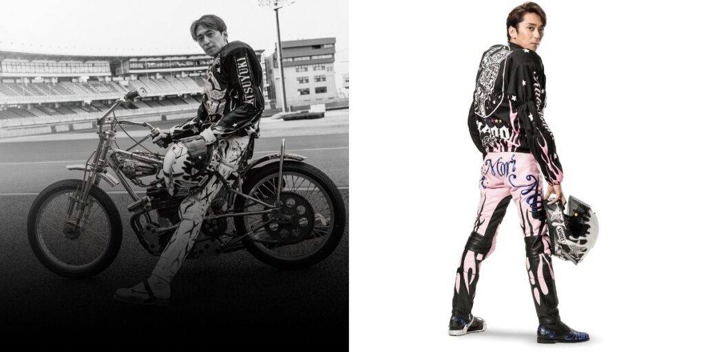 Katsuyuki Mori posing with his Auto Race bike and wearing his black and pink racing suit, symbolizing his return to the track (Images: autorace.jp / autoracer-mori.com)